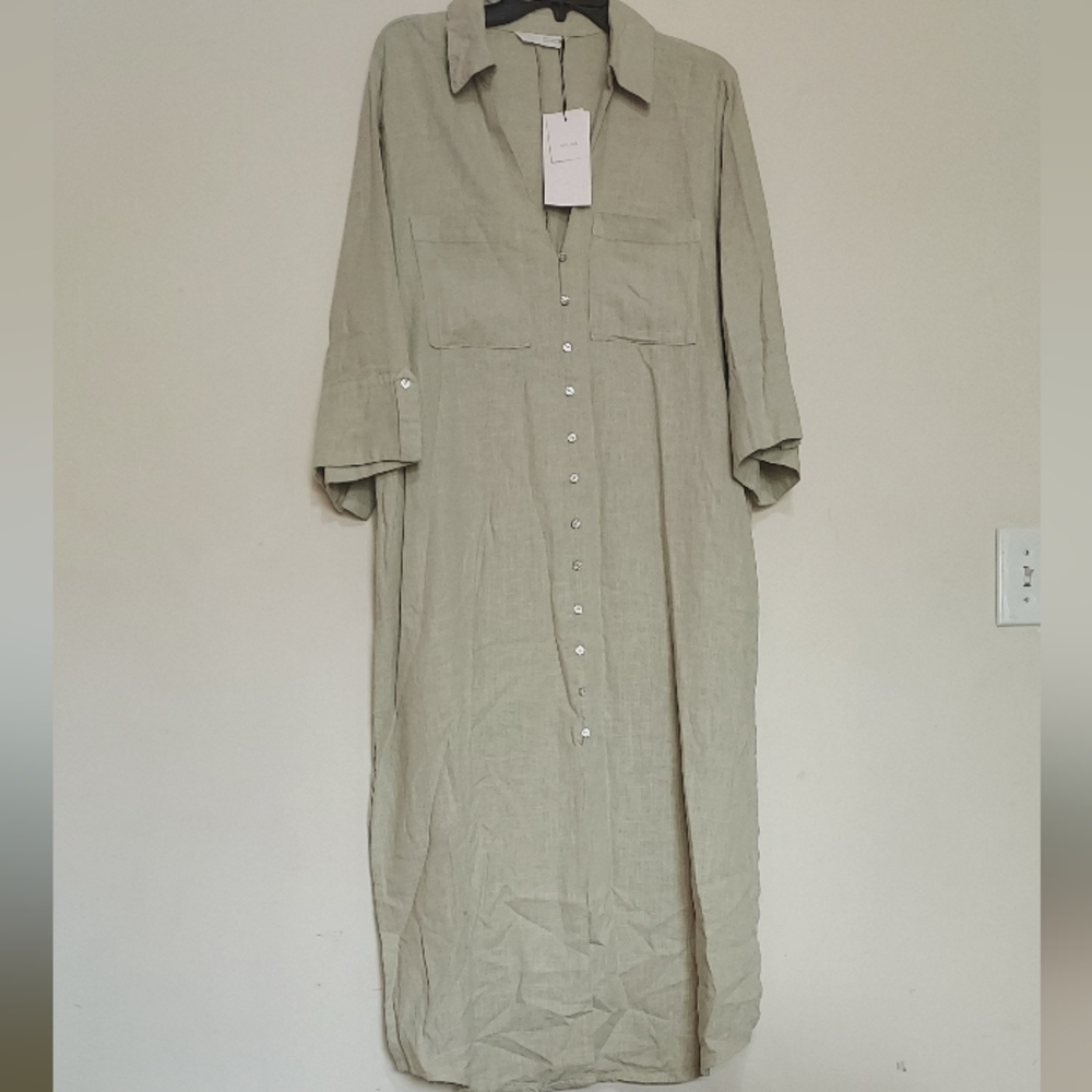 Zara Linen Light Khaki Long Tunic Shirt Dress Sz-L - Picture 3 of 11